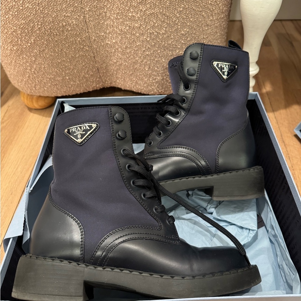 Prada Black/ Blue Leather and Re-Nylon Combat Boots (Size 37) - Picture 3 of 12